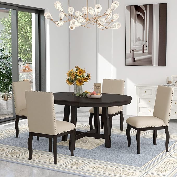 NicBex Round Dining Table Dining Room Set 5-Piece Farmhouse Dining Table Set Wood Round Extendable Dining Table and 4 Upholstered Dining Chairs for Set, Espresso - LeafyLoom
