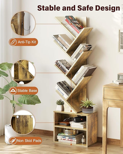 SUNMORY 6 Tier Tree Bookshelf, Small Bookcase with Storage Cabinet, Modern Tall Narrow Bookshelves Organizer, Floor Standing Book Shelf for Bedroom/Living Room/Home Office/Corner, Rustic Brown - LeafyLoom