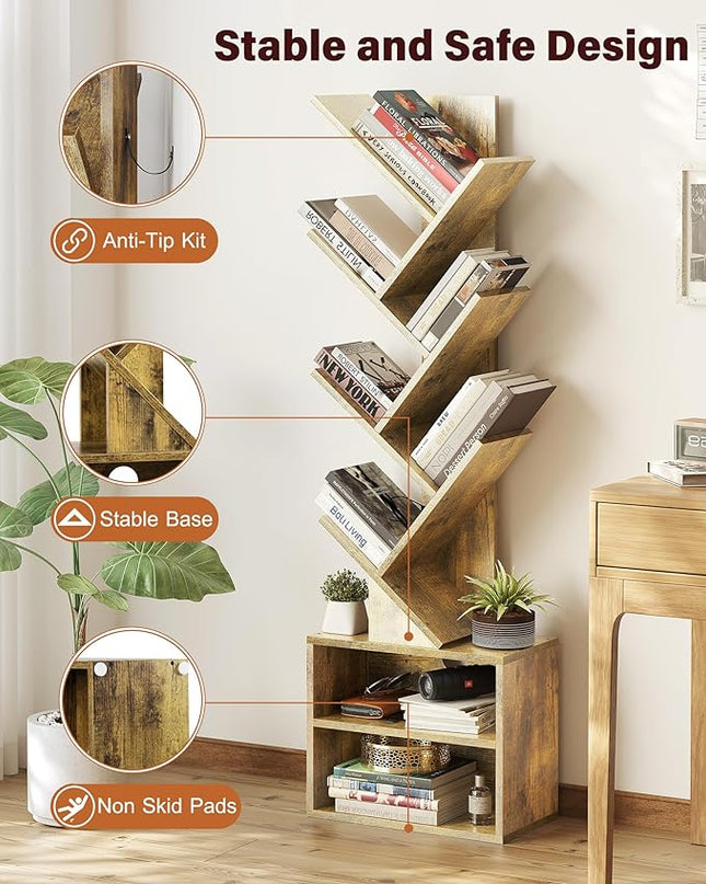 SUNMORY 6 Tier Tree Bookshelf, Small Bookcase with Storage Cabinet, Modern Tall Narrow Bookshelves Organizer, Floor Standing Book Shelf for Bedroom/Living Room/Home Office/Corner, Rustic Brown - LeafyLoom