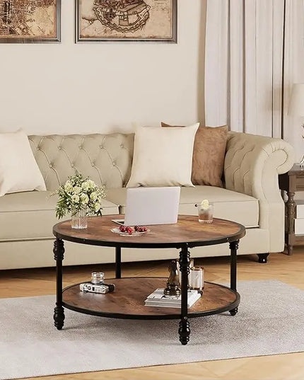 GAOMON Round Coffee Table Living Room 34.25in Rustic Circle Center Table with Storage Shelf 2-Tier Modern Wood Coffee Table, Easy Assembly(Brown) - LeafyLoom