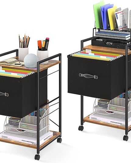VECELO Vertical Filing Cabinet Set of 2, Rolling Printer Shelf with Handle, Suitable for Letter Size, Sturdy Steel Frame and Folding Fabric Drawer for Living Room/Bedroom/Hallway, Brown+Black - LeafyLoom