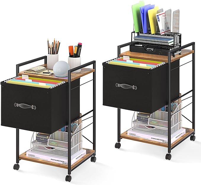 VECELO Vertical Filing Cabinet Set of 2, Rolling Printer Shelf with Handle, Suitable for Letter Size, Sturdy Steel Frame and Folding Fabric Drawer for Living Room/Bedroom/Hallway, Brown+Black - LeafyLoom