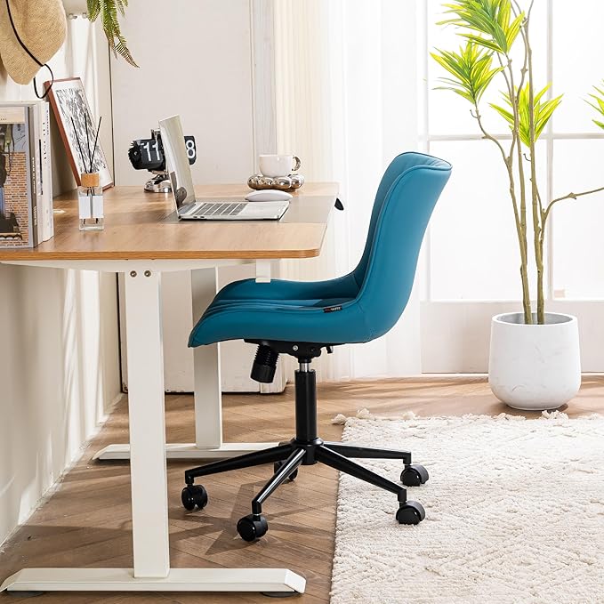 YOUTASTE Office Chair with Wheels Modern Armless Desk Chair, Adjustable Swivel Rolling Computer Task Chair, Faux Leather Sewing Chairs with Ergonomic Rocking Back Gaming Chair, Bright Blue - LeafyLoom