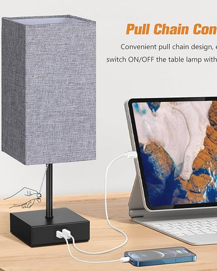 Table Lamp for Bedroom Set of 2, Warm White Bedside Lamps with USB Type C Outlets, Square Pull Chain Nightstand Lamp for Living Room, Office Desk, LED Bulb Included - LeafyLoom