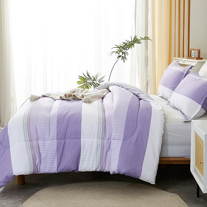 Litanika Lavender Comforter Set Queen - 3 Pieces Lightweight Lavender Purple White Colorblock Stripe Fluffy Bedding Comforter Sets, All Season Bed Set - LeafyLoom