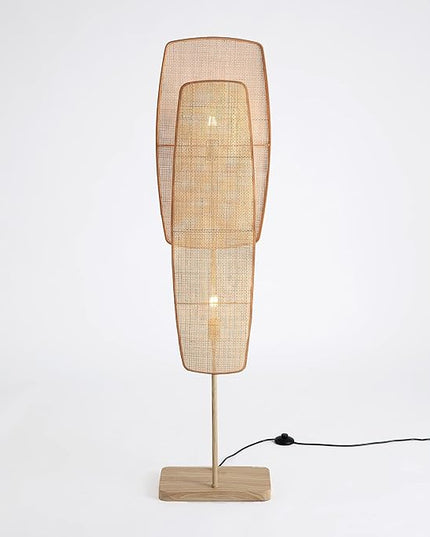 Amud - Floor Lamp, 2-Light with Bamboo Wicker Panels Wood Finish, Beige - LeafyLoom