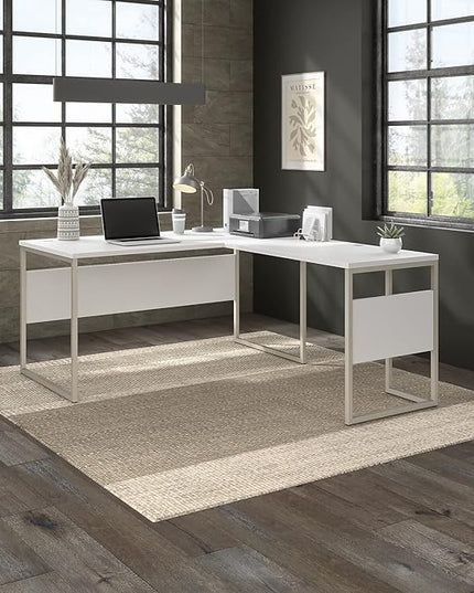 Bush Business Furniture Hybrid L Shaped Table Desk with Metal Legs, 60W x 30D, White - LeafyLoom