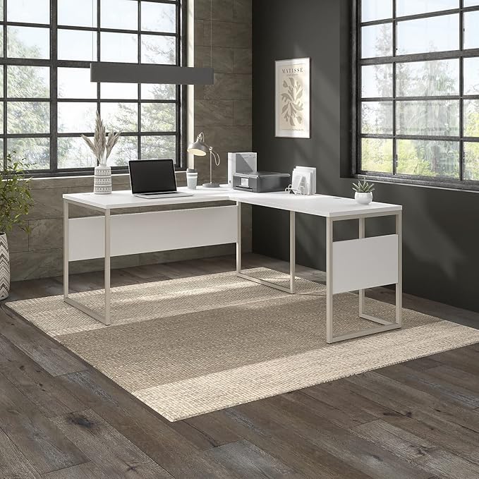 Bush Business Furniture Hybrid L Shaped Table Desk with Metal Legs, 60W x 30D, White - LeafyLoom