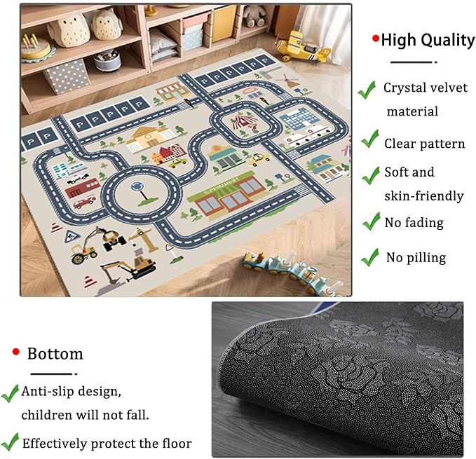 kid rug carpet playmat for toy cars and trains,road traffic kids play area rug,city Life town play Mat for Playroom Bedroom Boys,Children's Educational Fun Throw Rug with Rubber Backing 47X71IN - LeafyLoom