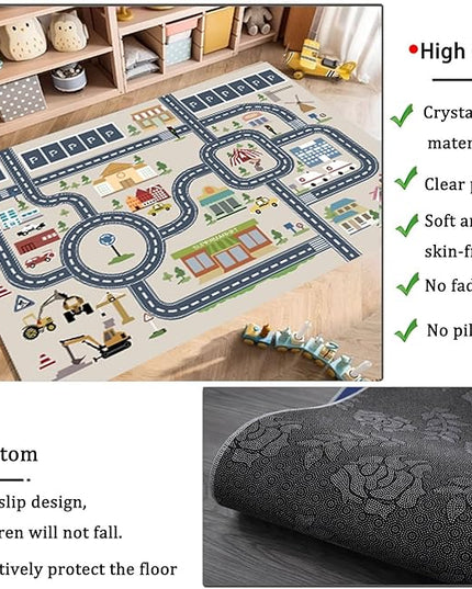 kid rug carpet playmat for toy cars and trains,road traffic kids play area rug,city Life town play Mat for Playroom Bedroom Boys,Children's Educational Fun Throw Rug with Rubber Backing 55X79IN - LeafyLoom
