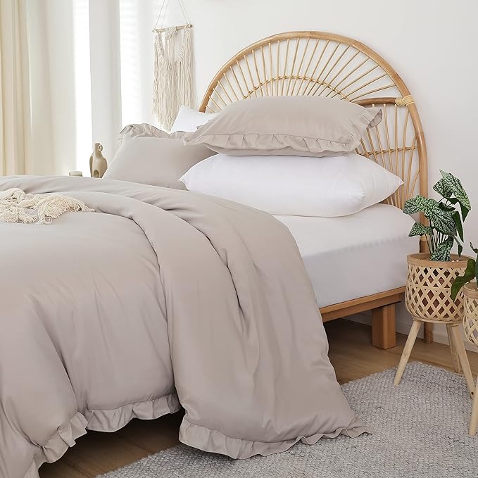 JANZAA Queen Comforter Set Oatmeal Comforter for Queen Size Bed 3PCS (1 Ruffle Comforter and 2 Pillowcases) Vintage Shabby Chic Bedding Soft Fluffy Comforter Set All Season - LeafyLoom