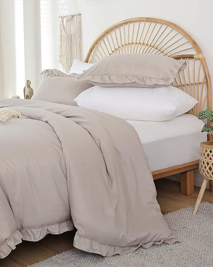 JANZAA Oatmeal Twin Ruffled Soft Twin Size Bed Set Vintage Farmhouse Bed Comforter Set Shabby Fluffy Bedding (1 Comforter Set and 1 Pillowcase) - LeafyLoom