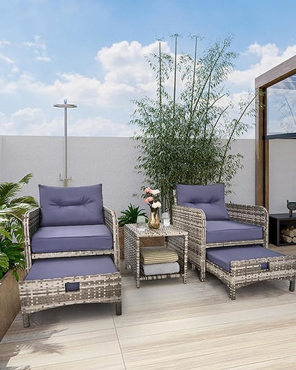 Pamapic 5 Pieces Outdoor Patio Wicker Chairs Set with Ottoman .Outside Conversation Furniture Set with Cushions and Coffee for Balcony Porch Lawn Garden Table (Purple Cushion + Grey Rattan) - LeafyLoom