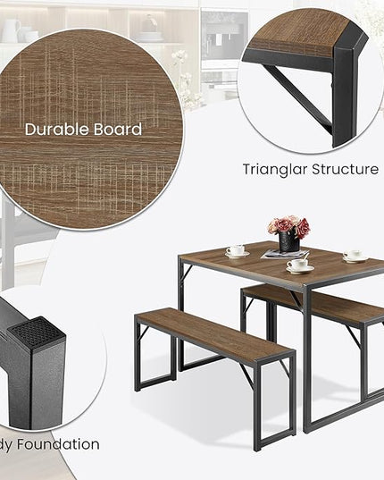 SHA CERLIN 3-Piece Dining Table Set with 2 Benches, Rustic Kitchen Table Set for 4-6, Space-Saving Dinette, Sturdy Structure, Easy Assemble, Brown/Grey - LeafyLoom