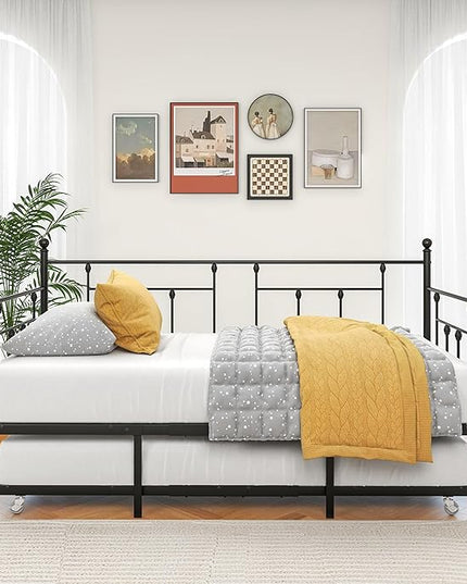 Twin Size Metal Daybed Frame with Trundle,Modern Multifunctional Platform Bed w/Slat Support and Retractable Support Tubes,Easy Assembly,for Guest Room,Bedroom,Living Room,Black - LeafyLoom