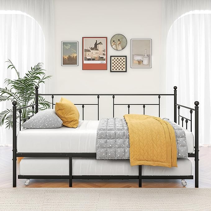 Twin Size Metal Daybed Frame with Trundle,Modern Multifunctional Platform Bed w/Slat Support and Retractable Support Tubes,Easy Assembly,for Guest Room,Bedroom,Living Room,Black - LeafyLoom