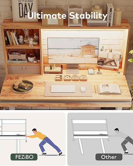 FEZIBO 55 x 27.5 Inches Electric Standing Desk with Open Shelf&LED Strip, Adjustable Height Sit Stand Up Desks with 3 Drawers, Ergonomic Workstation, Light Rustic（2 packages - LeafyLoom