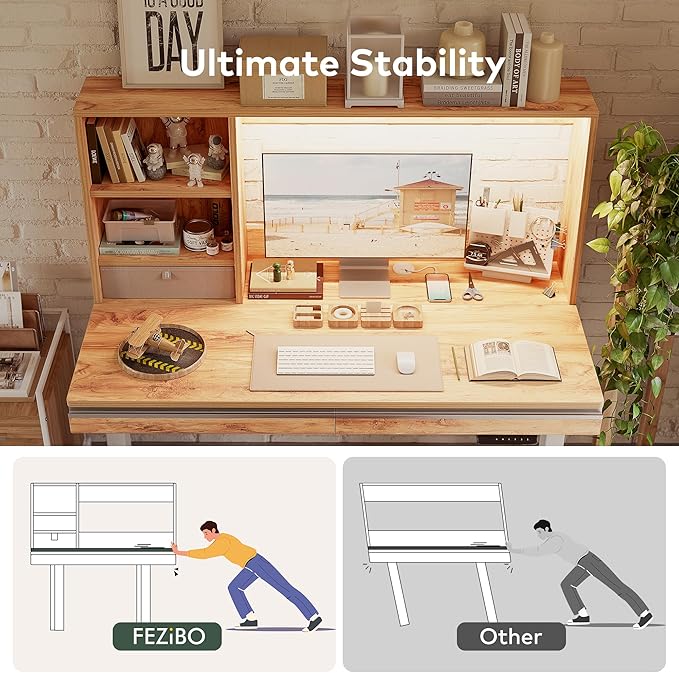 FEZIBO 55 x 27.5 Inches Electric Standing Desk with Open Shelf&LED Strip, Adjustable Height Sit Stand Up Desks with 3 Drawers, Ergonomic Workstation, Light Rustic（2 packages - LeafyLoom