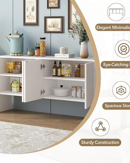60" L Large Storage Space Sideboard with 4 Doors,Elegant Minimalist Style Buffet Cabinet,W/Adjustable Shelves and Rebound Device,Console Table for Living Room Entryway Kitchen,White - LeafyLoom