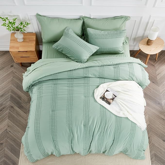 ENJOHOS Sage Green Queen Comforter Set - Boho Bedding Sets Queen Size, 3 PCS Tufted Comforter with Pom Pom Design for All Season, Lightweight Soft Microfiber Cooling Comforter with 2 Pillow Cases - LeafyLoom