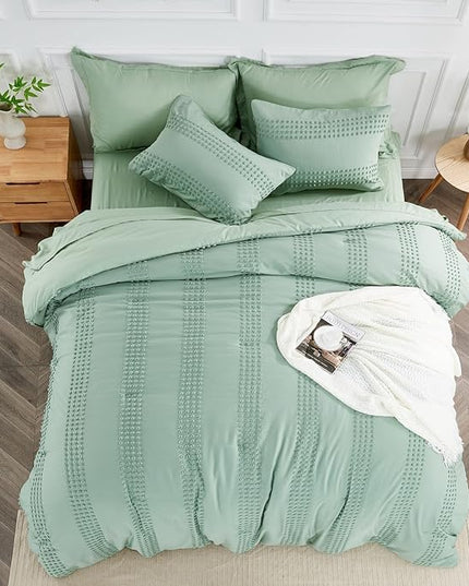 ENJOHOS Sage Green Full Size Comforter Set Boho Bedding Full for Teen Girls, 3 PCS Tufted Comforter with Pom Pom Design for All Season Lightweight Soft Microfiber Comforter with 2 Pillow Cases - LeafyLoom