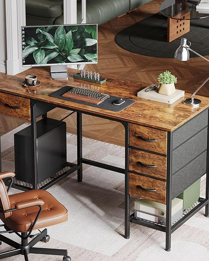47 Inch Computer Desk with 4 Drawers, Office Desk with Mesh Shelf, Gaming Desk, Large Storage, Writing Desk Work Desk for Home Office, Study, Bedroom, Work from Home, Rustic Brown - LeafyLoom