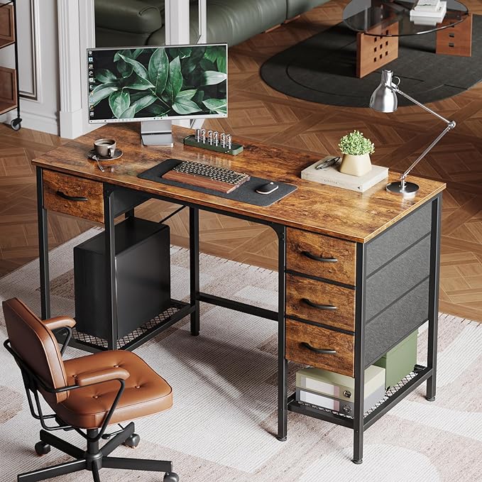 47 Inch Computer Desk with 4 Drawers, Office Desk with Mesh Shelf, Gaming Desk, Large Storage, Writing Desk Work Desk for Home Office, Study, Bedroom, Work from Home, Rustic Brown - LeafyLoom