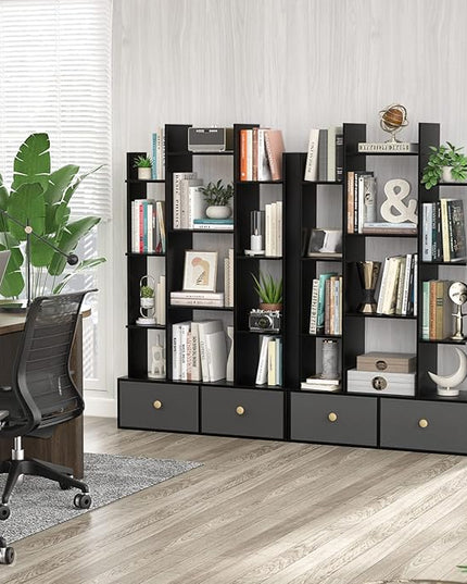 Unikito Book Shelf with 2 Drawers Free Standing Bookcase, Office Storage Shelf Organizer with 12 Open Bookshelf, Industrial Wood Book Case Display Rack for Bedroom, Living Room Home Office, Black - LeafyLoom