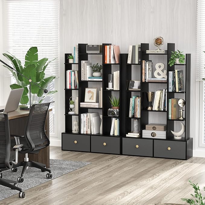 Unikito Book Shelf with 2 Drawers Free Standing Bookcase, Office Storage Shelf Organizer with 12 Open Bookshelf, Industrial Wood Book Case Display Rack for Bedroom, Living Room Home Office, Black - LeafyLoom
