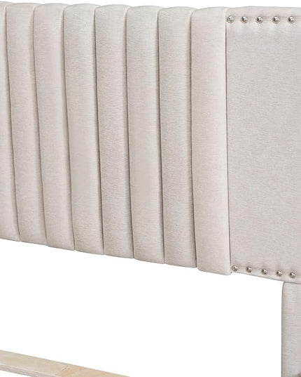 Full Size Linen Upholstered Platform Bed with 2 Drawers and Twin Size Trundle,Solid Wood Bed Frame w/Classic Headboard Design,for Bedroom,Apartment,Living Room,Beige - LeafyLoom