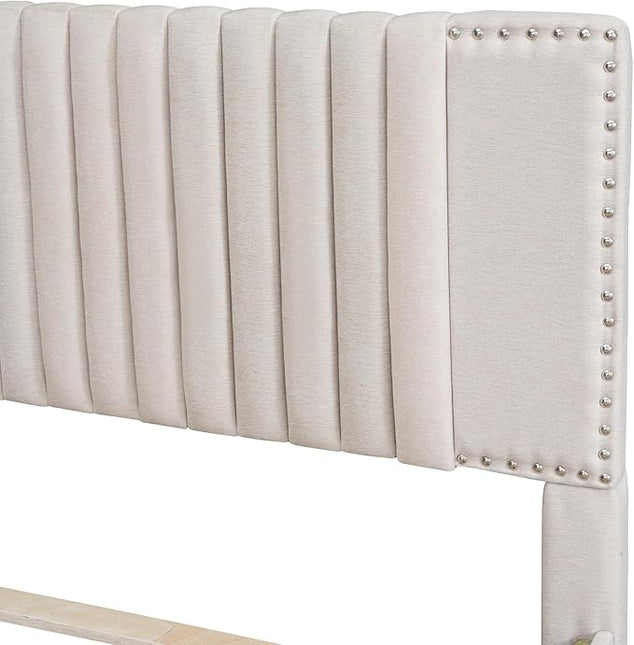 Full Size Linen Upholstered Platform Bed with 2 Drawers and Twin Size Trundle,Solid Wood Bed Frame w/Classic Headboard Design,for Bedroom,Apartment,Living Room,Beige - LeafyLoom