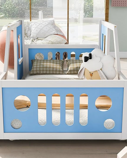 Twin Size Floor Bed for Kids, Race Car-Shaped Wooden Platform Montessori Bed Frame with Guardrail and Door for Boys Girls Child's Bedroom, Slats Included, No Spring Need (Blue) - LeafyLoom