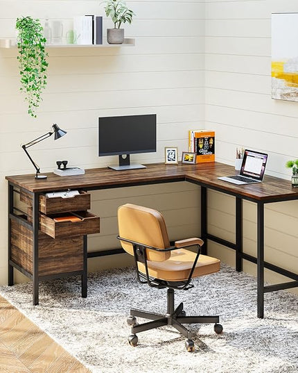 Tribesigns L Shaped Desk with File Drawer Cabinet, 59 Inch Corner Desk L Shaped Computer Desk with Drawers, PC Table Writing Desk for Home Office, Rustic Brown - LeafyLoom