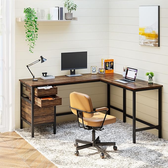 Tribesigns L Shaped Desk with File Drawer Cabinet, 59 Inch Corner Desk L Shaped Computer Desk with Drawers, PC Table Writing Desk for Home Office, Rustic Brown - LeafyLoom