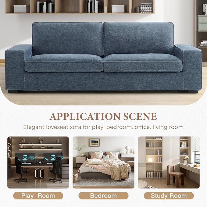 EASELAND Sofa Couch, 88" Chenille Loveseat for Living Room, 3 Seater Lounge Sofa for Bedroom with Removable Back and Seat Cushions, Modern Deep Seat Comfy Couch with Solid Wood Legs and Armrest (Blue) - LeafyLoom