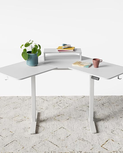 FEZIBO Corner Standing Desk, 48 Inches L Shaped Standing Desk, Electric Stand Up Corner Desk, Home Office Sit Stand Desk with White Top and White Frame - LeafyLoom