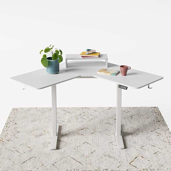FEZIBO Corner Standing Desk, 48 Inches L Shaped Standing Desk, Electric Stand Up Corner Desk, Home Office Sit Stand Desk with White Top and White Frame - LeafyLoom