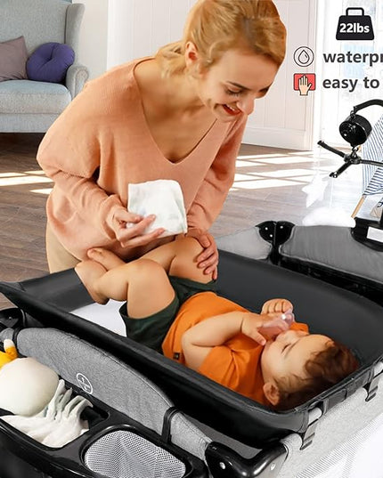 Kinder King 4 in 1 Portable Nursery Center, Foldable Baby Bedside Crib w/Bassinet, Infant Pack n Play Playard Toddler Large Playpen, Newborn Changing Table, Storage Basket, Side Zipper - LeafyLoom