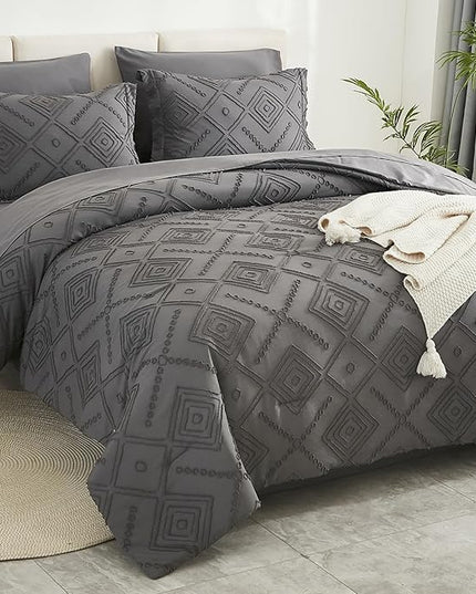 EMME Queen Comforter Set - 7 Pcs Dark Grey Boho Bedding Sets, Full Size Tufted Comforter with Sheets, Shabby Chic Embroidery Queen Bed Set Fluffy Bed Bag for All Season(90"X90") - LeafyLoom