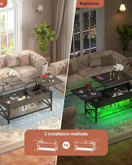 Coffee Table, Lift Top Coffee Table with Storage, LED Light & Power Outlet and Hidden Compartment, Retro Center Table for Living Room, X Support Wood Tabletop, Metal Frame, Black Oak - LeafyLoom