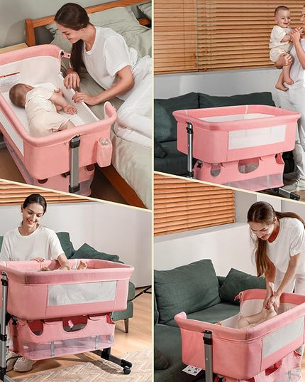 Baby Crib,3 in 1 Bedside Crib Adjustable Portable Bed for Infant,Baby Bassinet Baby Newborn Must Have Bed,Pink - LeafyLoom