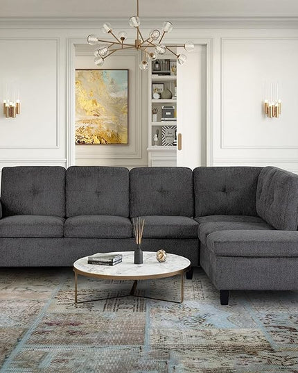 L-Shape Modular Sectional Sofa Chaise Cup Holders and Storage Ottoman, 4-Seater Upholstered Corner Couch for Apartment, Home Living Room Furniture Sets, Light Grey - LeafyLoom