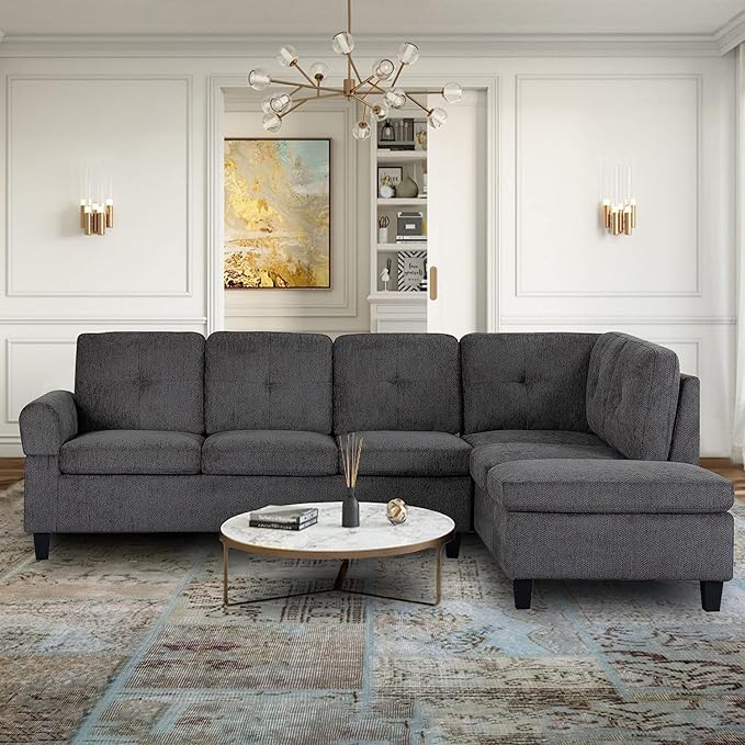 L-Shape Modular Sectional Sofa Chaise Cup Holders and Storage Ottoman, 4-Seater Upholstered Corner Couch for Apartment, Home Living Room Furniture Sets, Light Grey - LeafyLoom
