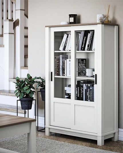 Ameriwood Home Chapel Hill Rustic Farmhouse Bookcase Cabinet with Sliding Glass Doors, White with Brown Oak Top - LeafyLoom