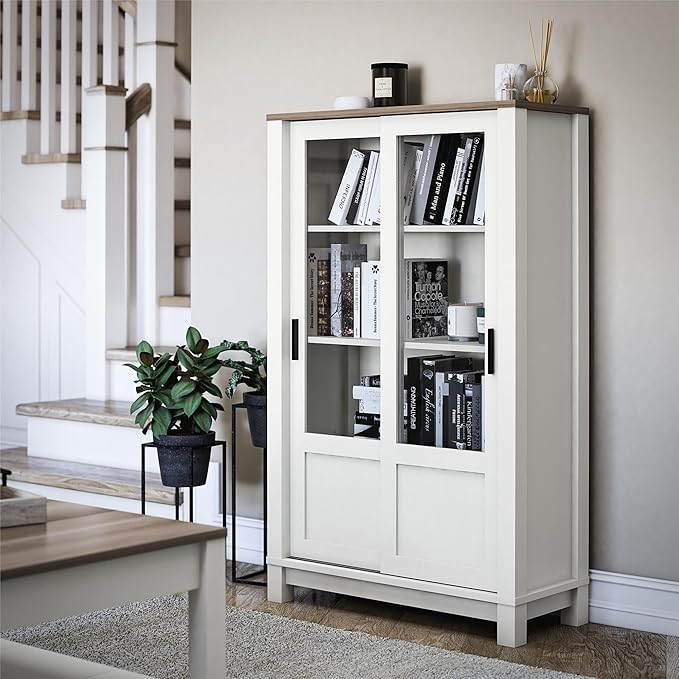 Ameriwood Home Chapel Hill Rustic Farmhouse Bookcase Cabinet with Sliding Glass Doors, White with Brown Oak Top - LeafyLoom