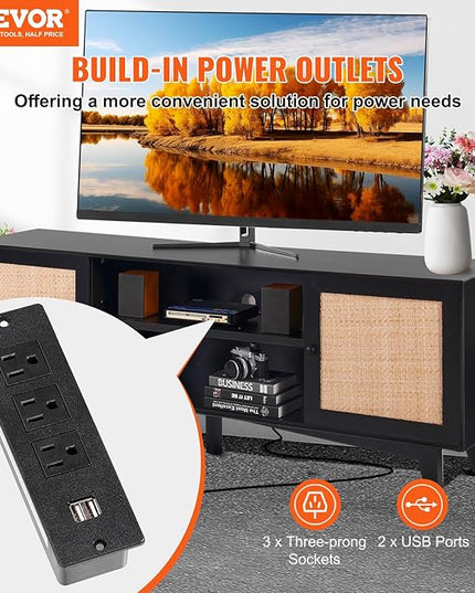 VEVOR Rattan TV Stand for 75in TV, Boho TV Stand with Rattan Door, Entertainment Center with Build-in Socket, Storage Cabinet with 2 Shelves, Modern TV Console for Living Room, Media Room, Black - LeafyLoom
