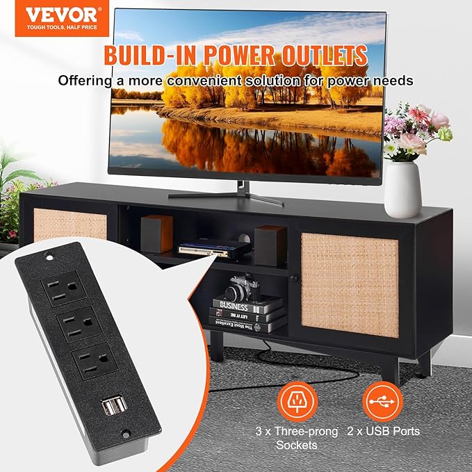 VEVOR Rattan TV Stand for 75in TV, Boho TV Stand with Rattan Door, Entertainment Center with Build-in Socket, Storage Cabinet with 2 Shelves, Modern TV Console for Living Room, Media Room, Black - LeafyLoom