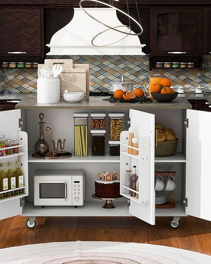 Kitchen Island with Storage, Rolling Table on Wheels w/Drop Leaf, Internal Storage Rack and Towel Rack for Dinning Room - LeafyLoom