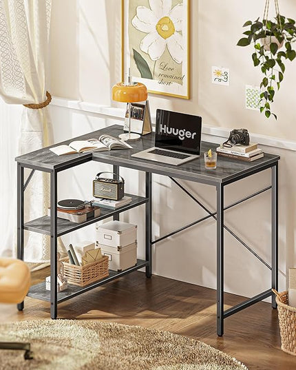 L Shaped Desk, 39 Inches Computer Desk with Reversible Storage Shelves, Gaming Desk, Corner Desk Home Office Desks, Writing Desk Study Desk with Metal Frame, Gray - LeafyLoom