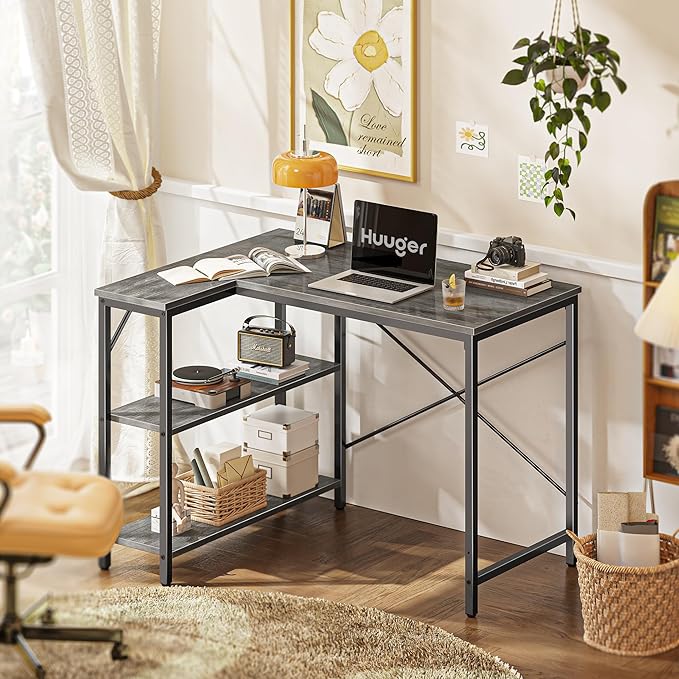 L Shaped Desk, 39 Inches Computer Desk with Reversible Storage Shelves, Gaming Desk, Corner Desk Home Office Desks, Writing Desk Study Desk with Metal Frame, Gray - LeafyLoom